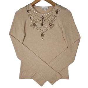 VINTAGE INTUITIONS BEIGE EMBELLISHED SILK ANGORA KNIT SWEATER LONG SLEEVE SMALL
